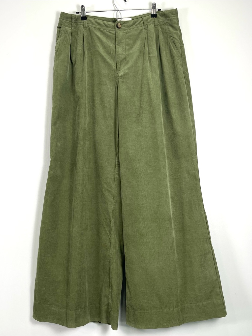 ANTHROPOLOGIE Women's Wide-Leg Olive Green Corduroy Pleated Pants Size 33 Tall